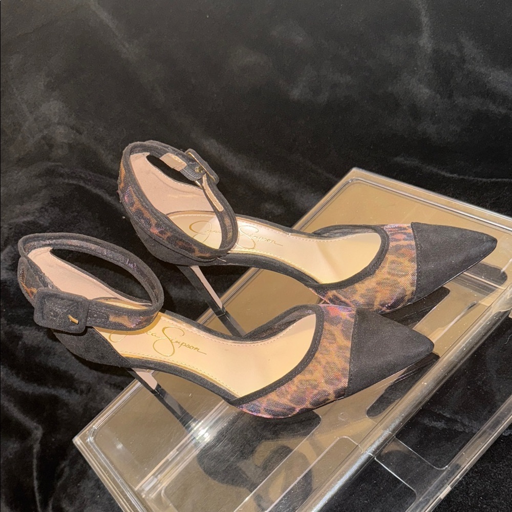 NEW JESSICA SIMPSON Size 7m Black Multi Leopard Ankle Strap Shoes - Picture 5 of 10